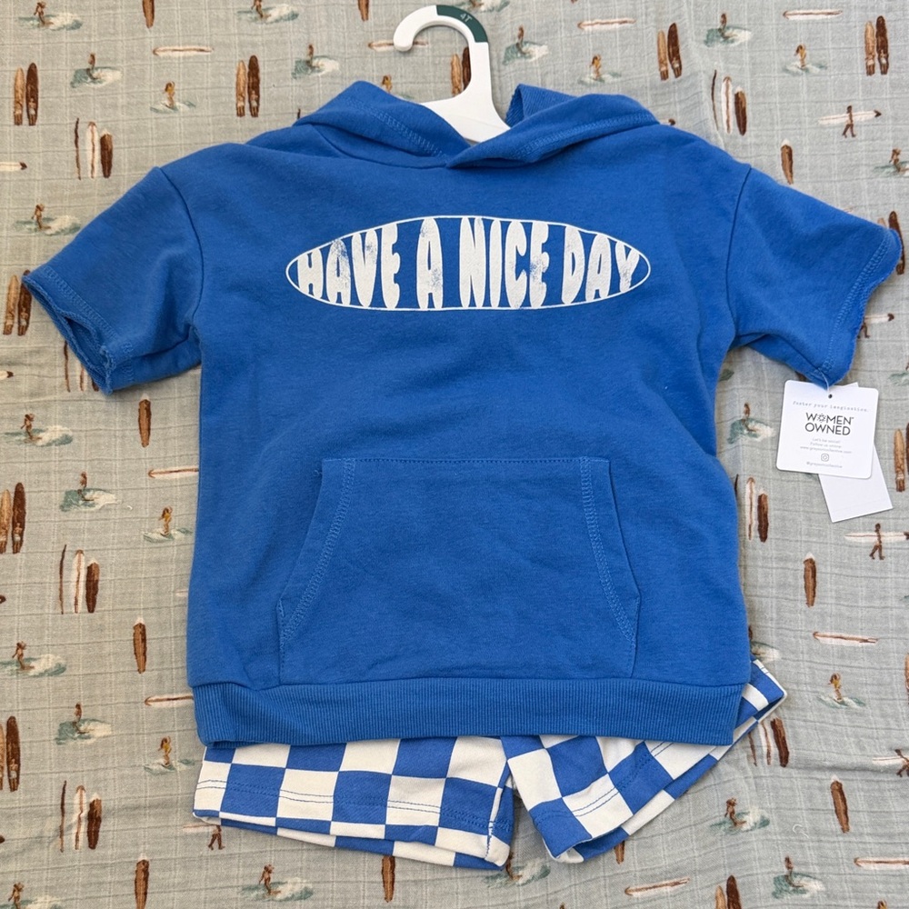 NWT Grayson Mini Have A Nice Day Blue Hoodie Tee & Checker Shorts Set - Kids